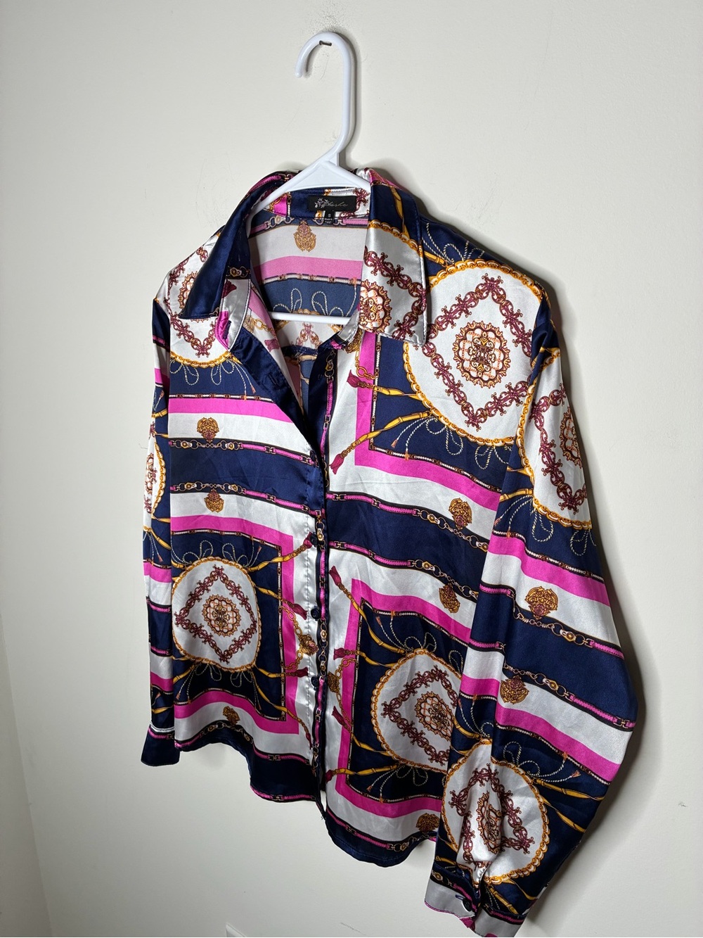 Vintage-Blashe S Preppy Navy & Pink Button-Up Cottage Core, Romantic Blouse -